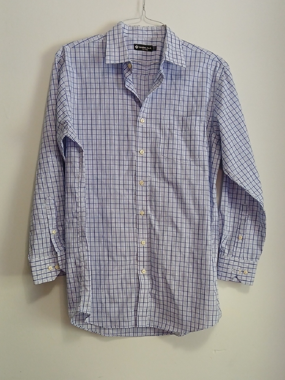 Members Mark Button Down-Mens L-100 % Cotton Pastel Purple Plaid-Spring/Summer
